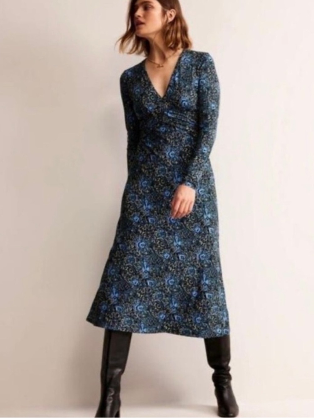 Boden Eloide Empire Waist V-Neck Long Sleeve Blue and Green Print Midi 8P